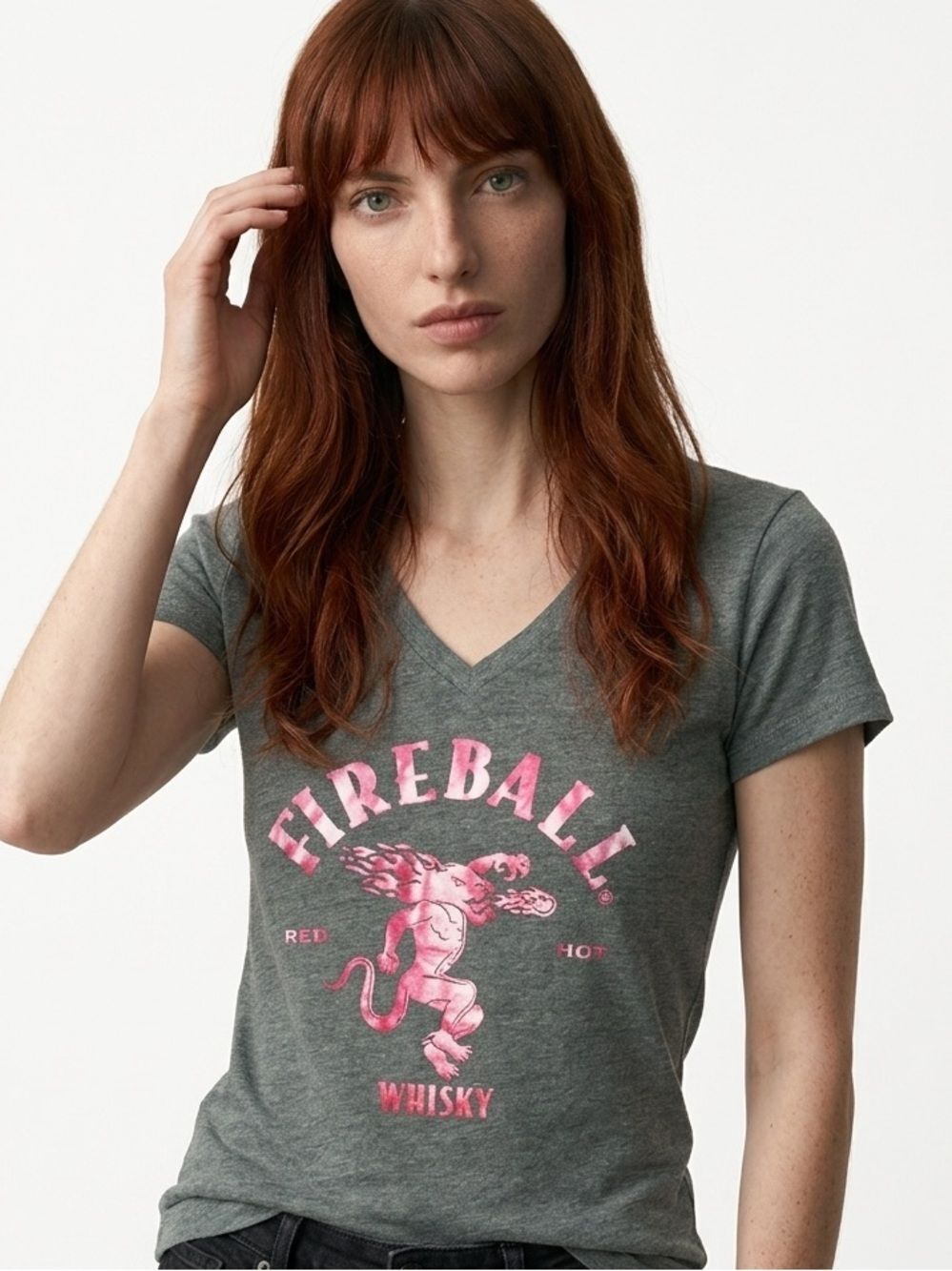FIREBALL Whisky V Neck Tee Gray Red Logo Medium